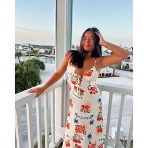 Paper Heart Women's Linen Blend Midi Dress Sz XS  Fruit Print Summer Boho Vaca